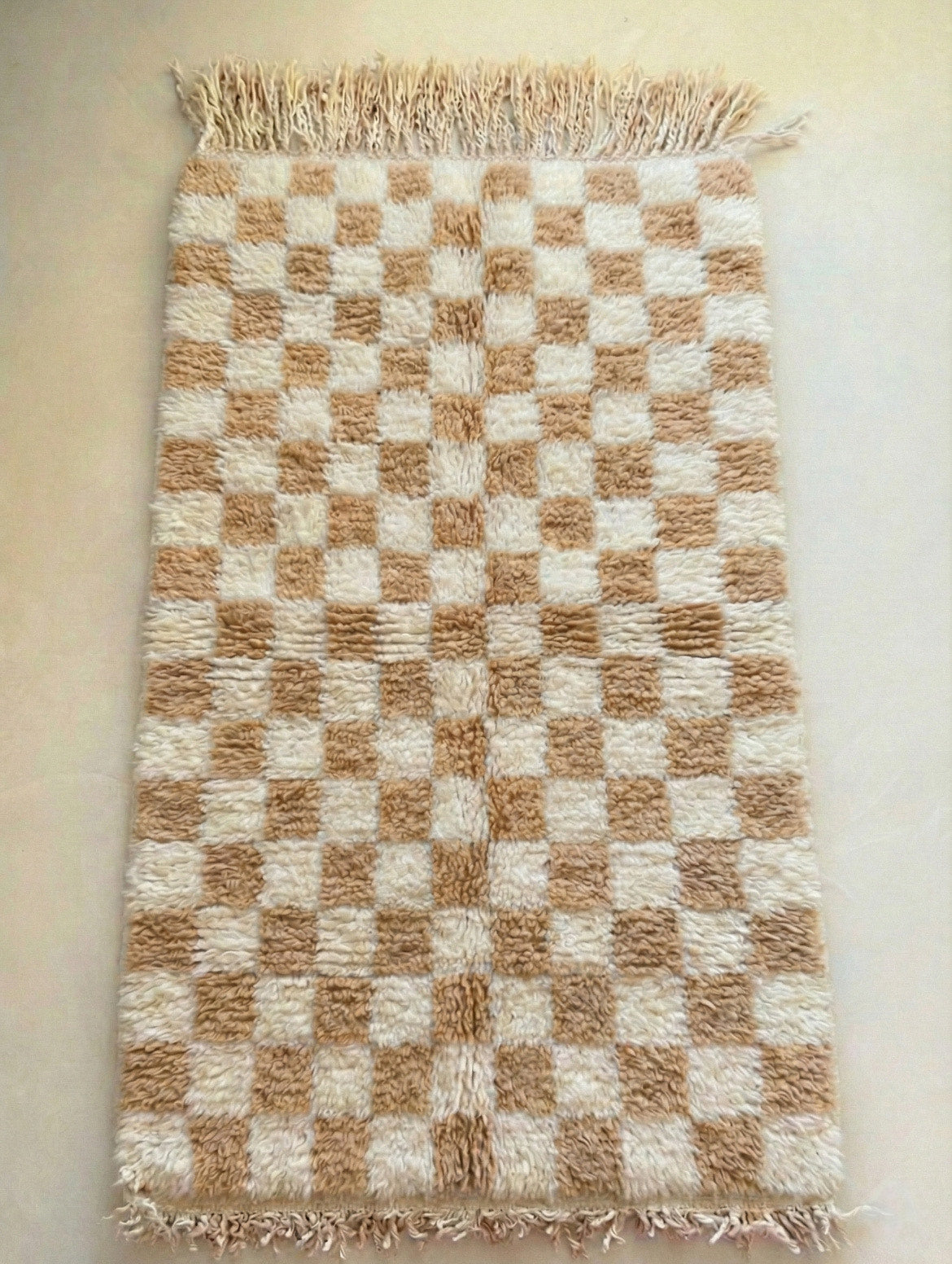 Moroccan Hand-Knotted Checkerboard Rug - Biscuit & White