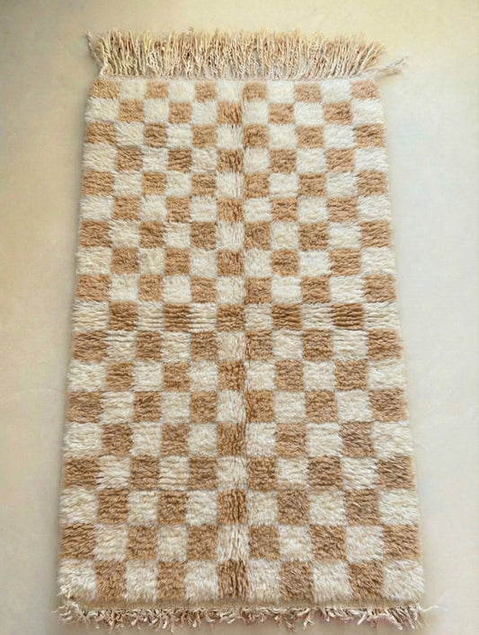 Moroccan Hand-Knotted Checkerboard Rug - Biscuit & White